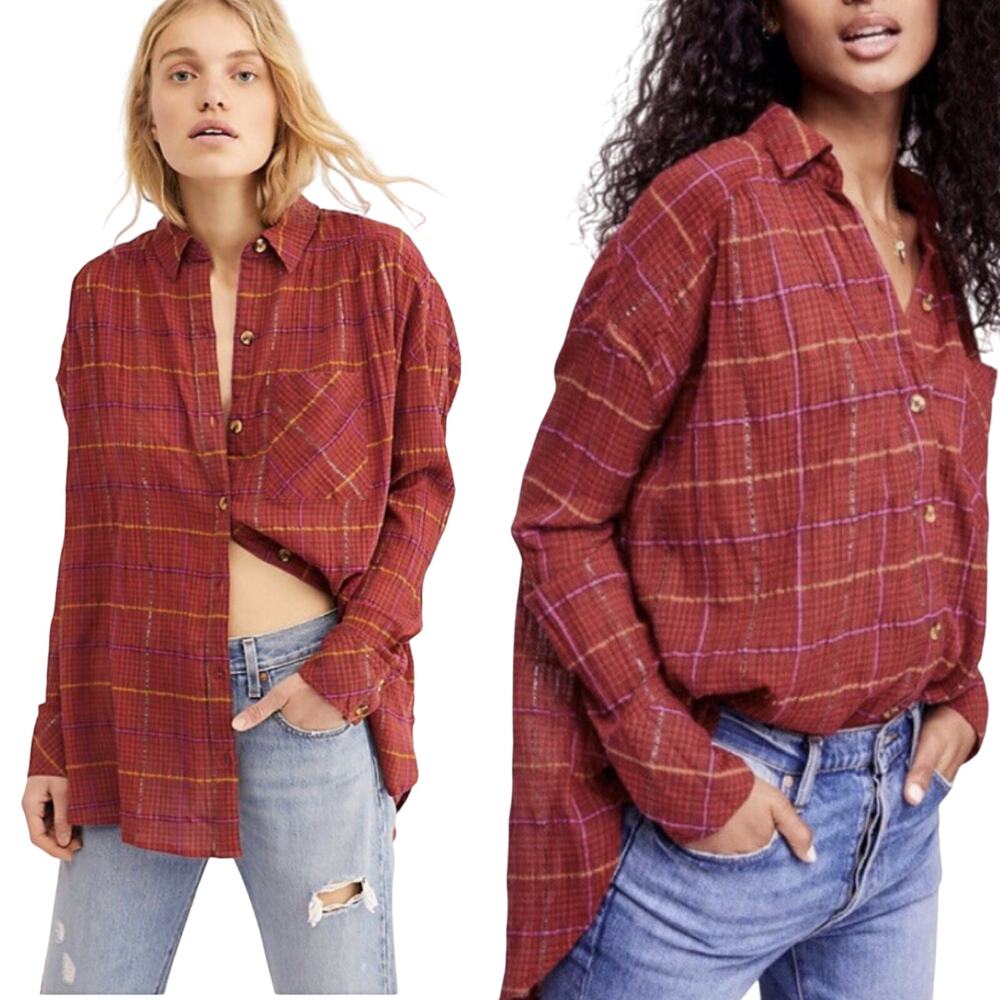 Free People Break My Stride Plaid Blouse Metallic Trim Button Down Red Womens M